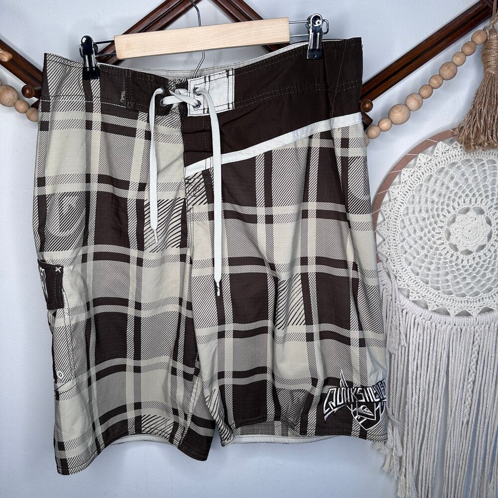 Vintage Y2K Quiksilver Brown Plaid Embroidered Swim Board Shorts